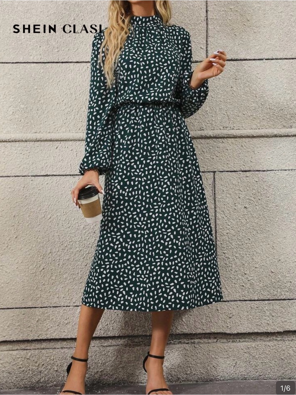 SHEIN Dark Green Printed High-Neck Midi Dress